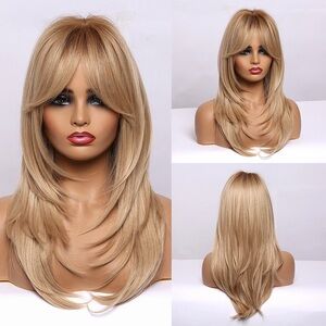 Long Layered Synthetic Hair Wigs for Women with Bang (Mixed Light Blonde
